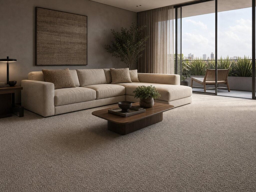 Sala residencial com carpete bem conservado e iluminação natural
