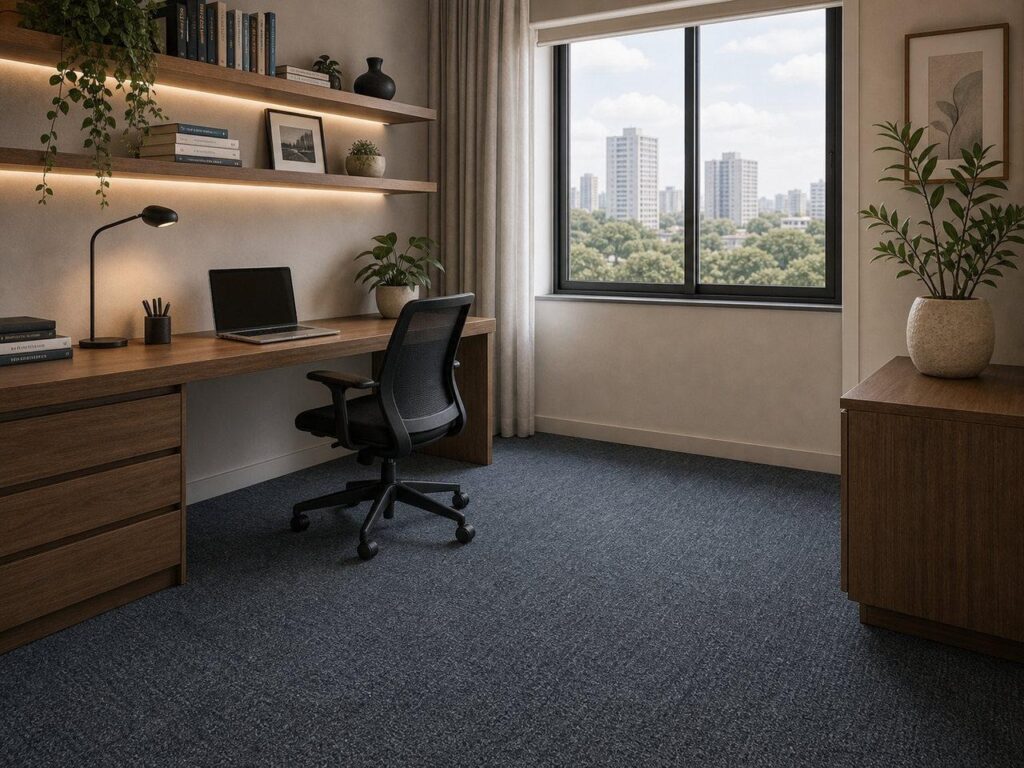 Home office residencial com carpete em bom estado de conservação