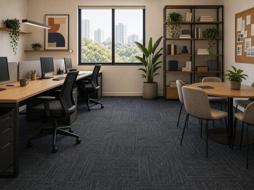 Escritório de pequeno negócio com carpete modular instalado