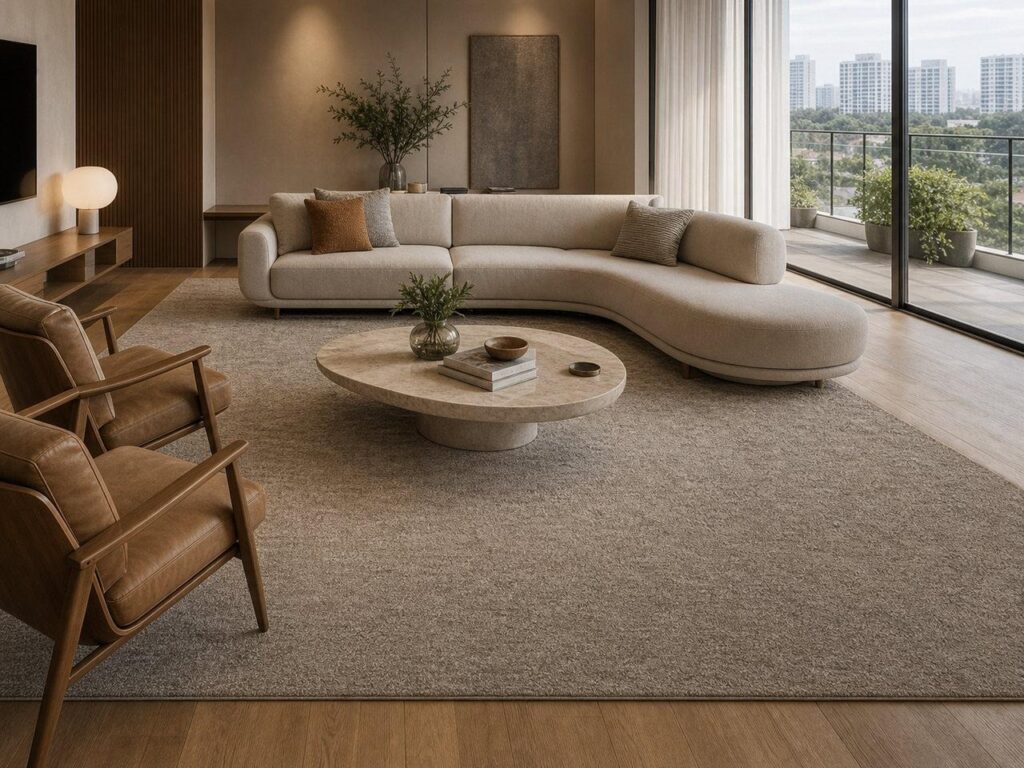 Sala residencial premium com tapete grande delimitando o living