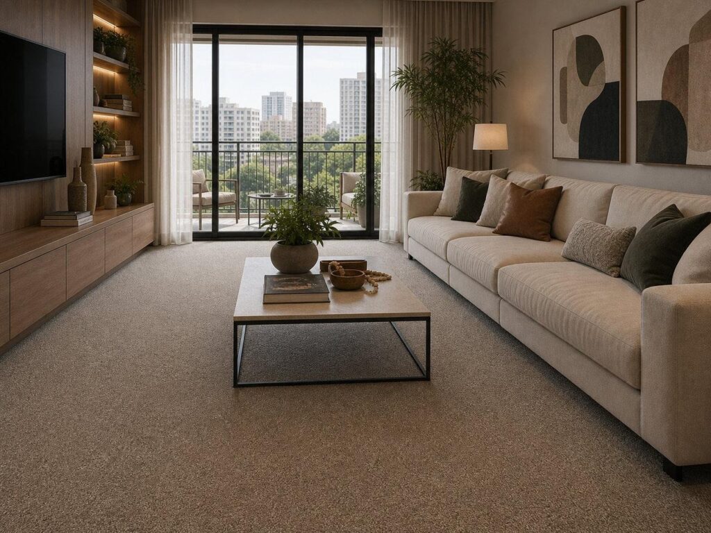 Apartamento contemporâneo com carpete residencial neutro e bem conservado
