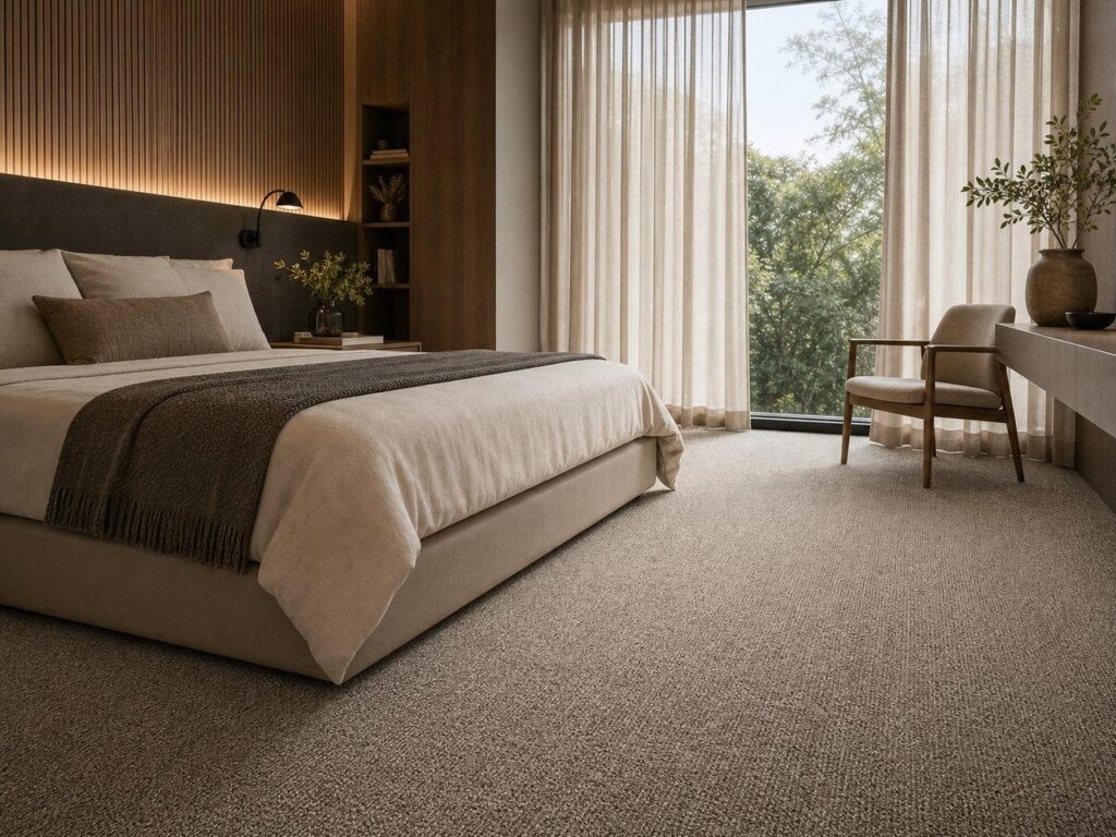 Quarto residencial com carpete macio e iluminação natural