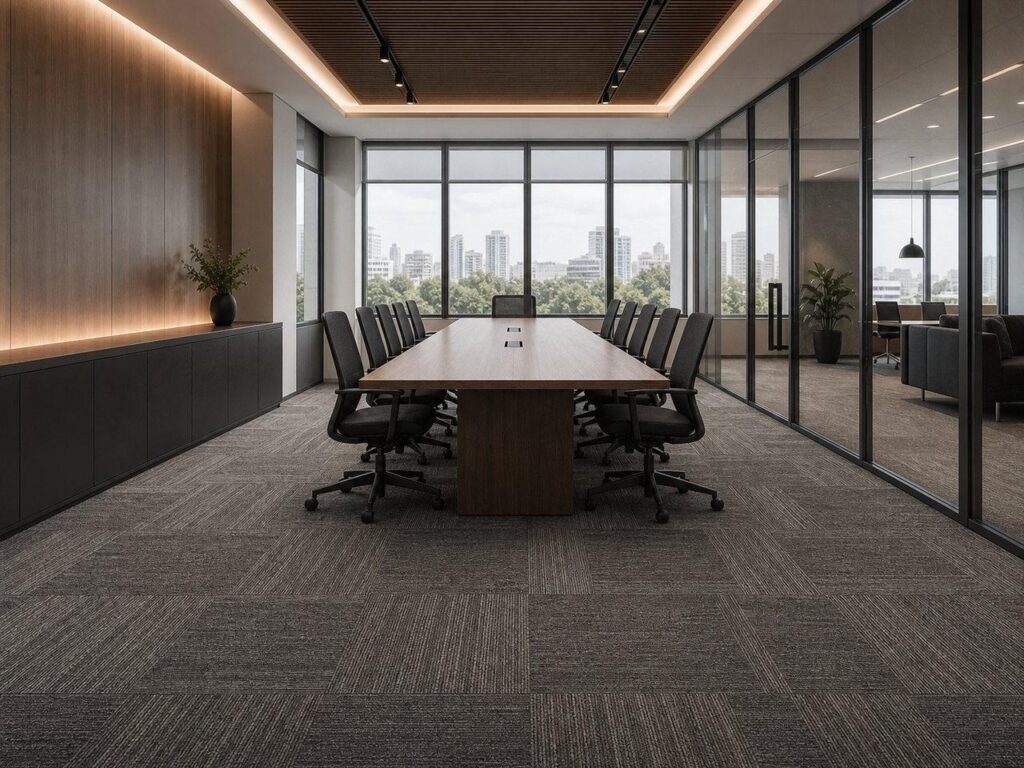 Sala de reunião corporativa com carpete modular instalado