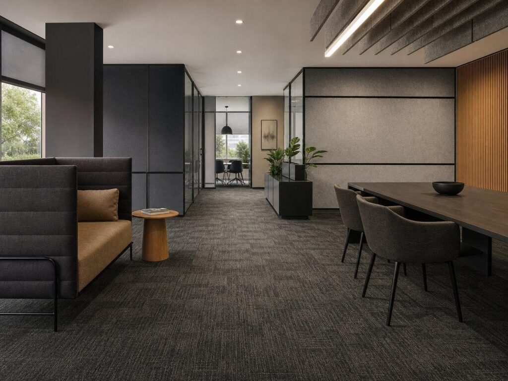 Ambiente corporativo com carpete técnico e acabamento integrado ao projeto