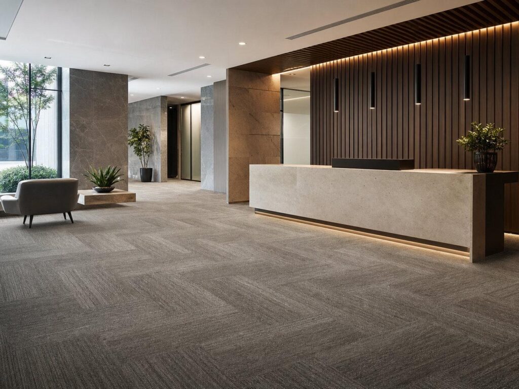 Recepção corporativa com carpete modular e acabamento técnico