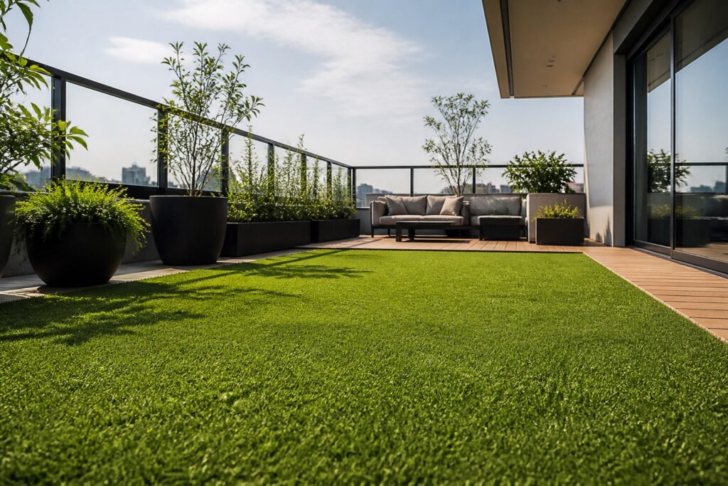 carpete tipo grama em área externa contemporânea com paisagismo discreto