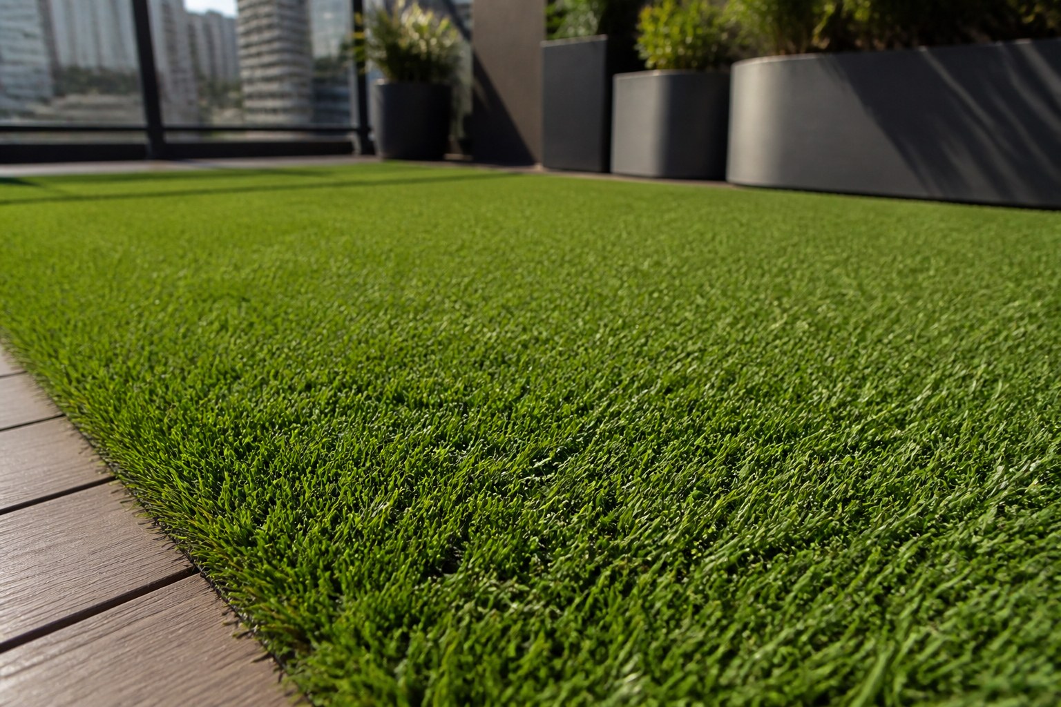 Detalhe de carpete em área externa contemporânea com paisagismo discreto