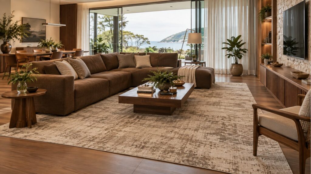 Sala sofisticada com sofá marrom e tapete claro